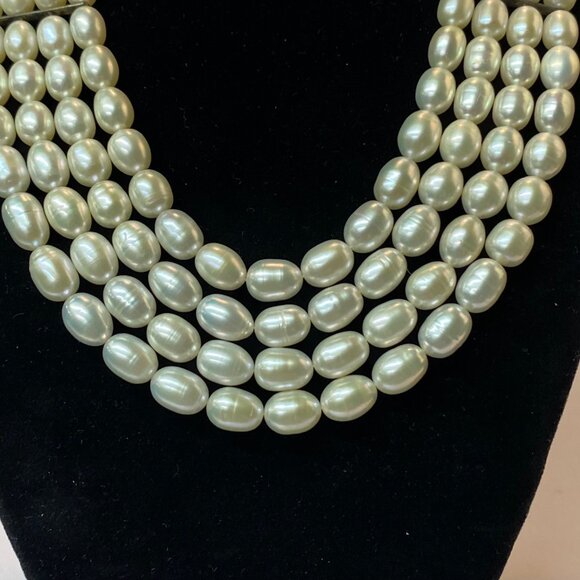 Vintage 4 Strand Pearl Necklace Layered Collar Bib Choker Sterling Silver Clasp - Picture 3 of 10